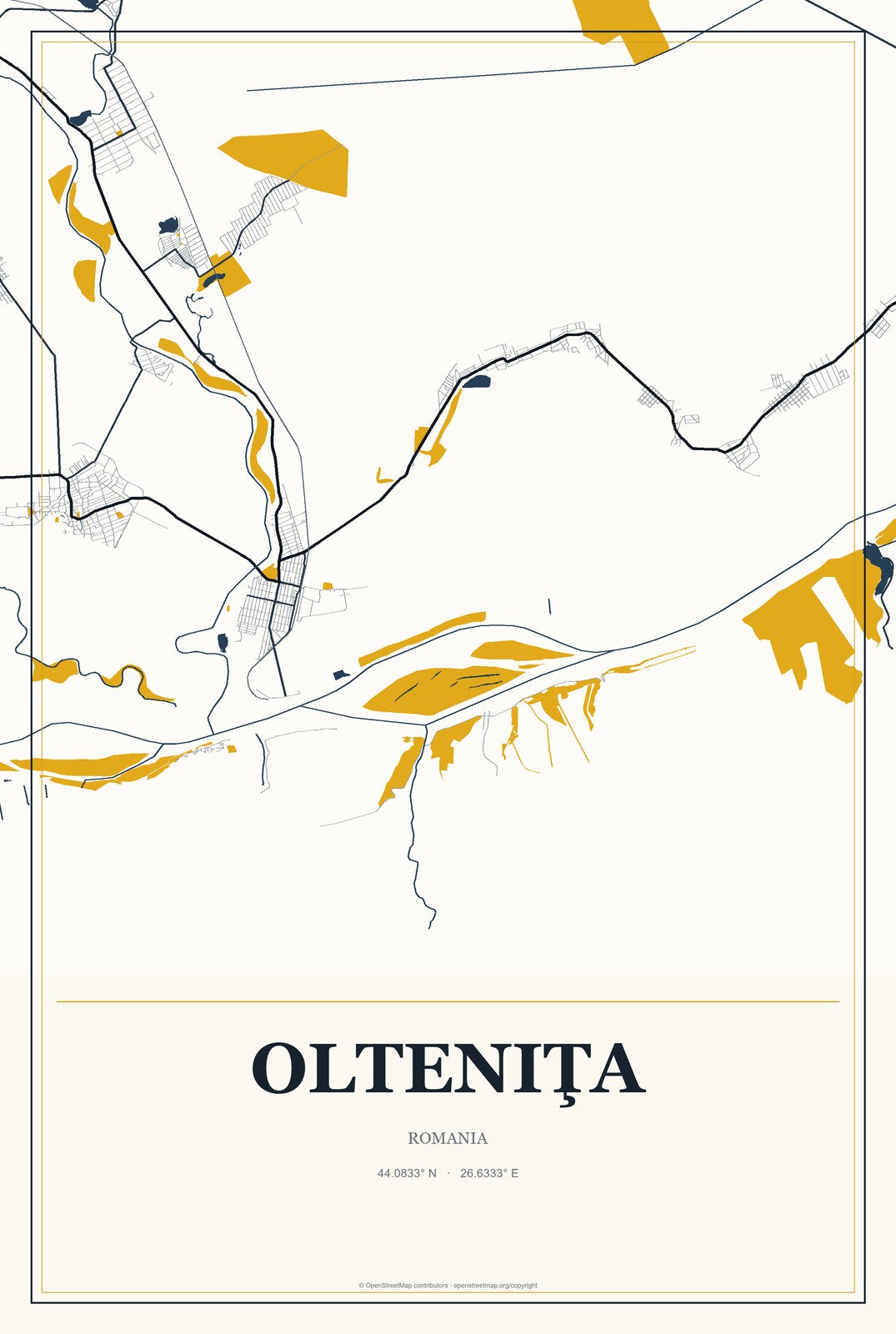 Olteniţa, Romania City Map Aluminum Sign in Citrine Modern style