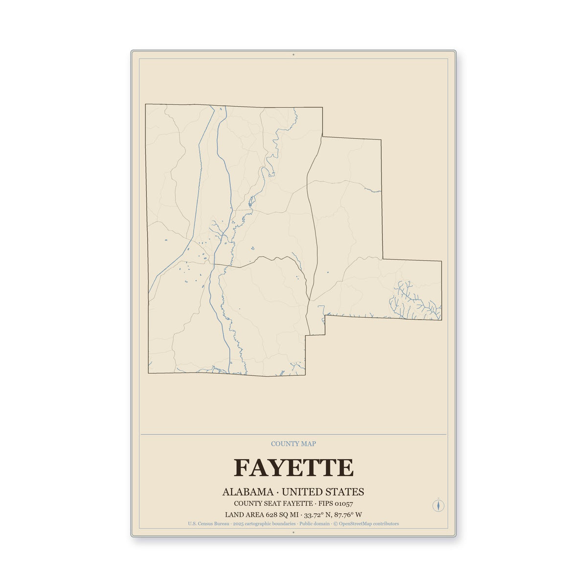 Fayette County, Alabama Map Aluminum Sign in Heritage Nautical style