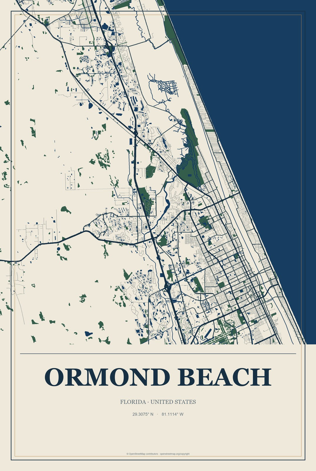 Ormond Beach, Florida City Map Aluminum Sign in Coastal Cutout style