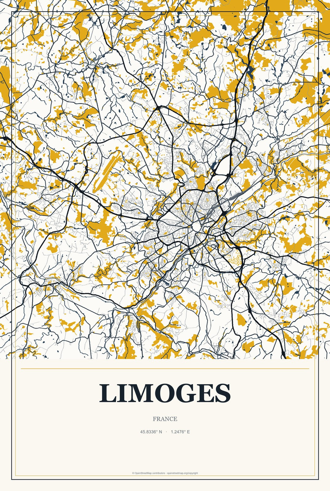Limoges, France City Map Aluminum Sign in Citrine Modern style