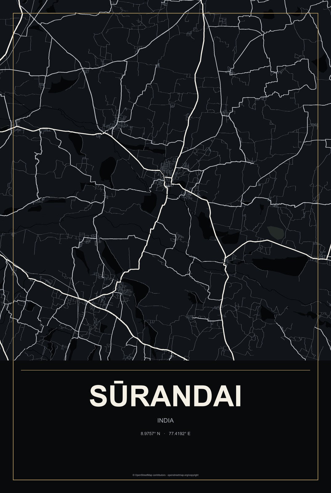 Sūrandai, India City Map Aluminum Sign in Metropolitan Noir style