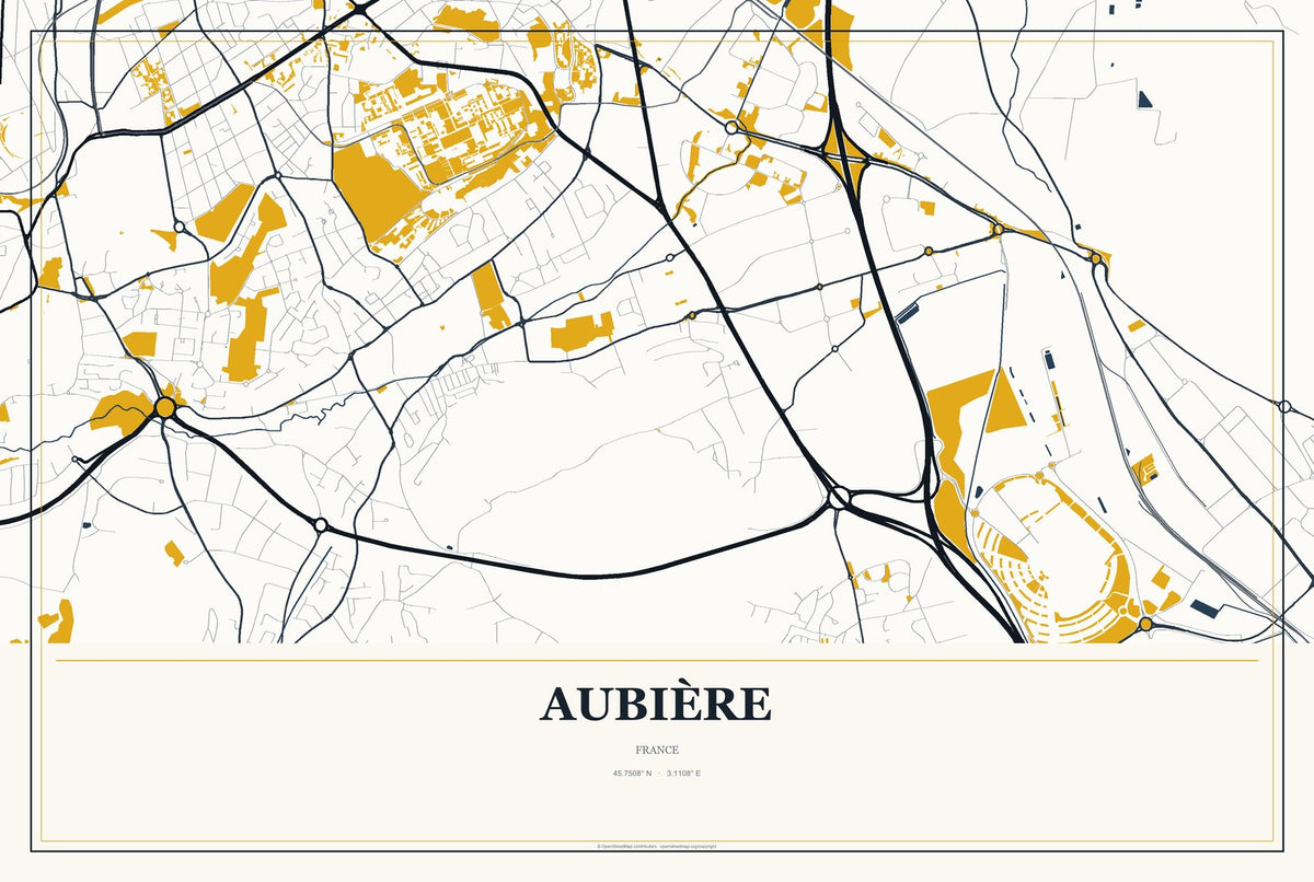 Aubière, France City Map Aluminum Sign in Citrine Modern style