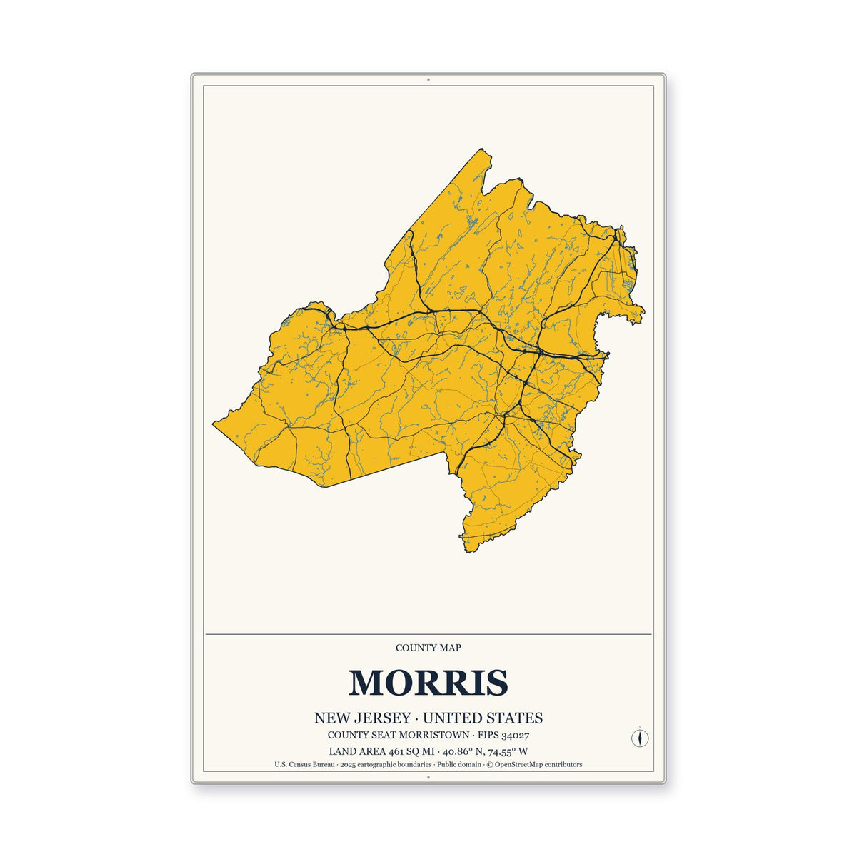 Morris County, New Jersey Map Aluminum Sign in Citrine Modern style