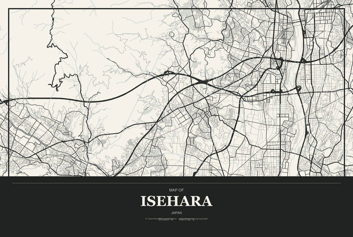 Isehara, Japan City Map Aluminum Sign in Museum Plaque style
