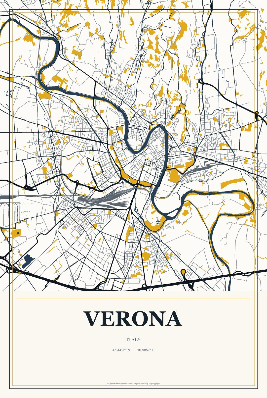 Verona, Italy City Map Aluminum Sign in Citrine Modern style