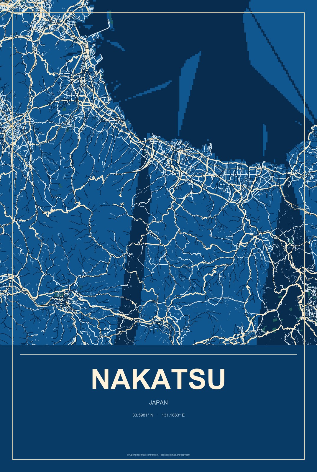 Nakatsu, Japan City Map Aluminum Sign in Harbor Cobalt style