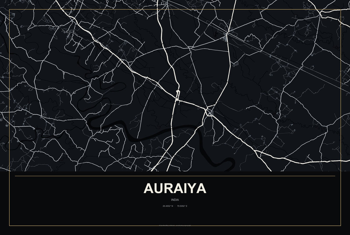 Auraiya, India City Map Aluminum Sign in Metropolitan Noir style