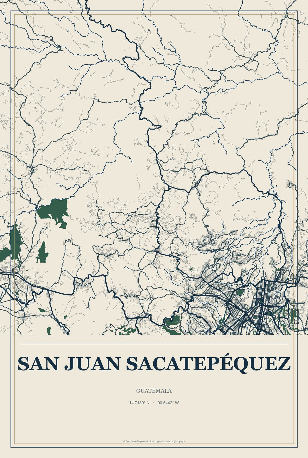 San Juan Sacatepéquez, Guatemala City Map Aluminum Sign in Coastal Cutout style