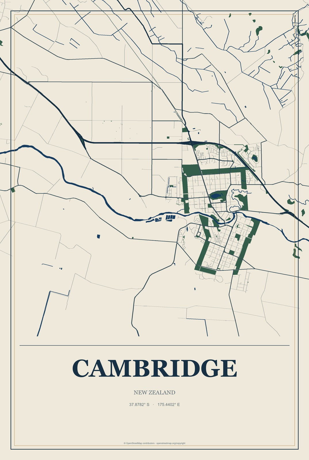 Cambridge, New Zealand City Map Aluminum Sign in Coastal Cutout style