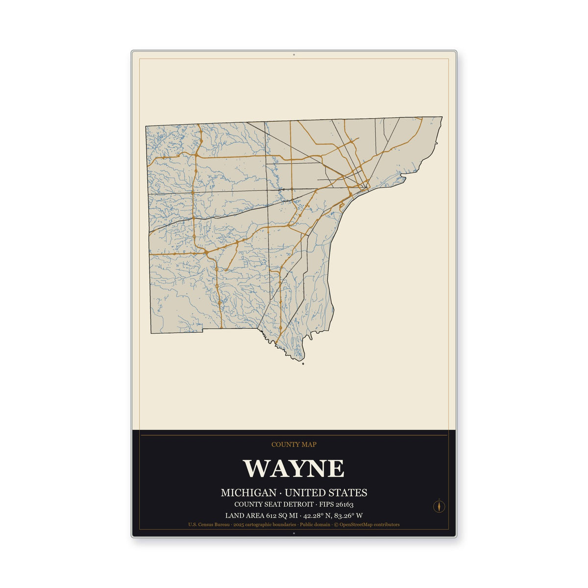 Wayne County, Michigan Map Aluminum Sign in Museum Plaque style