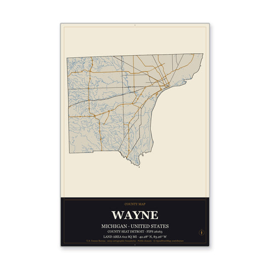 Wayne County, Michigan Map Aluminum Sign in Museum Plaque style