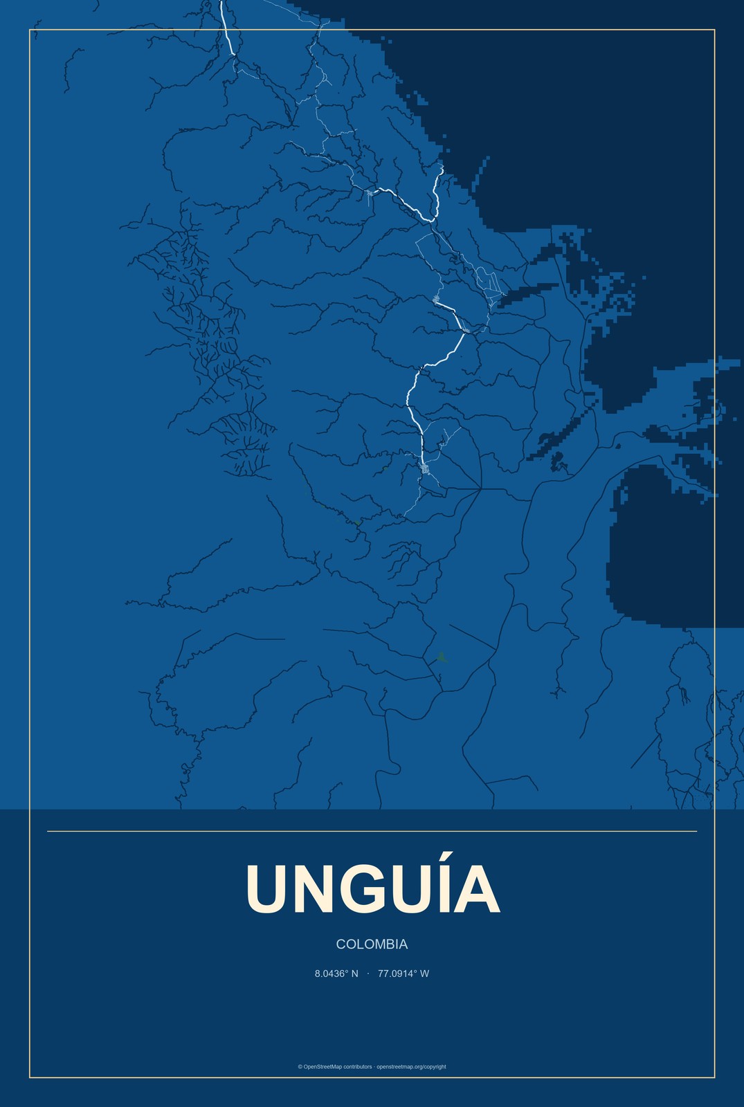 Unguía, Colombia City Map Aluminum Sign in Harbor Cobalt style