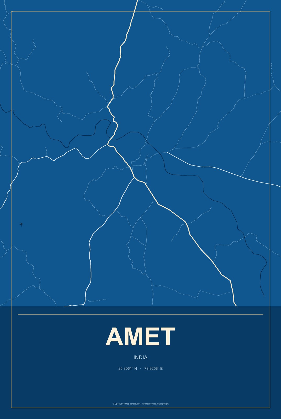 Amet, India City Map Aluminum Sign in Harbor Cobalt style