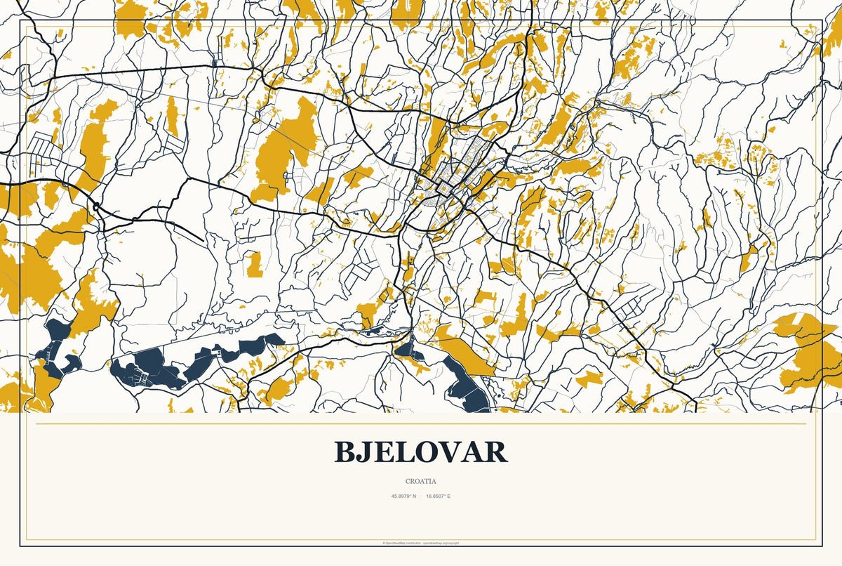 Bjelovar, Croatia City Map Aluminum Sign in Citrine Modern style