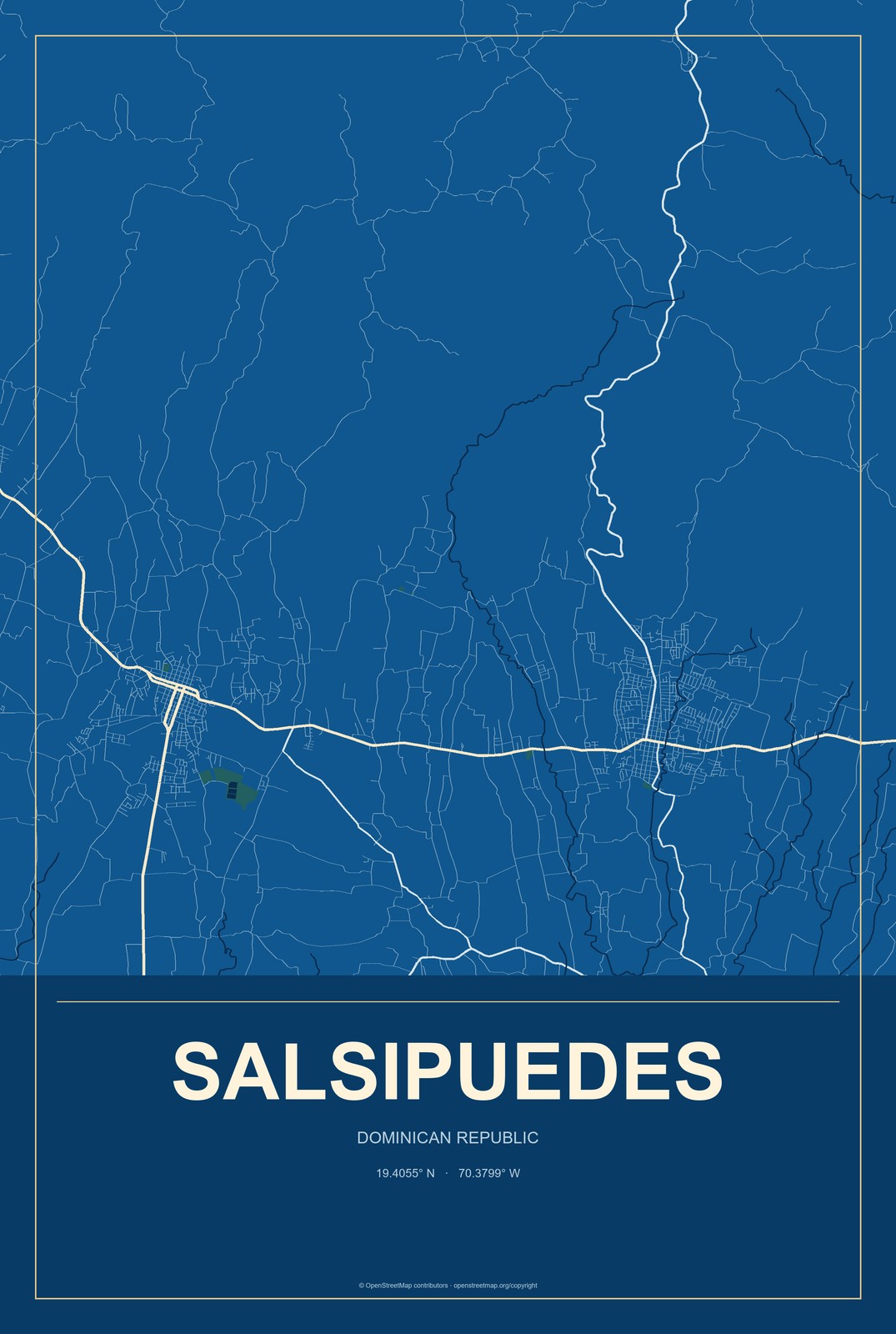 Salsipuedes, Dominican Republic City Map Aluminum Sign in Harbor Cobalt style