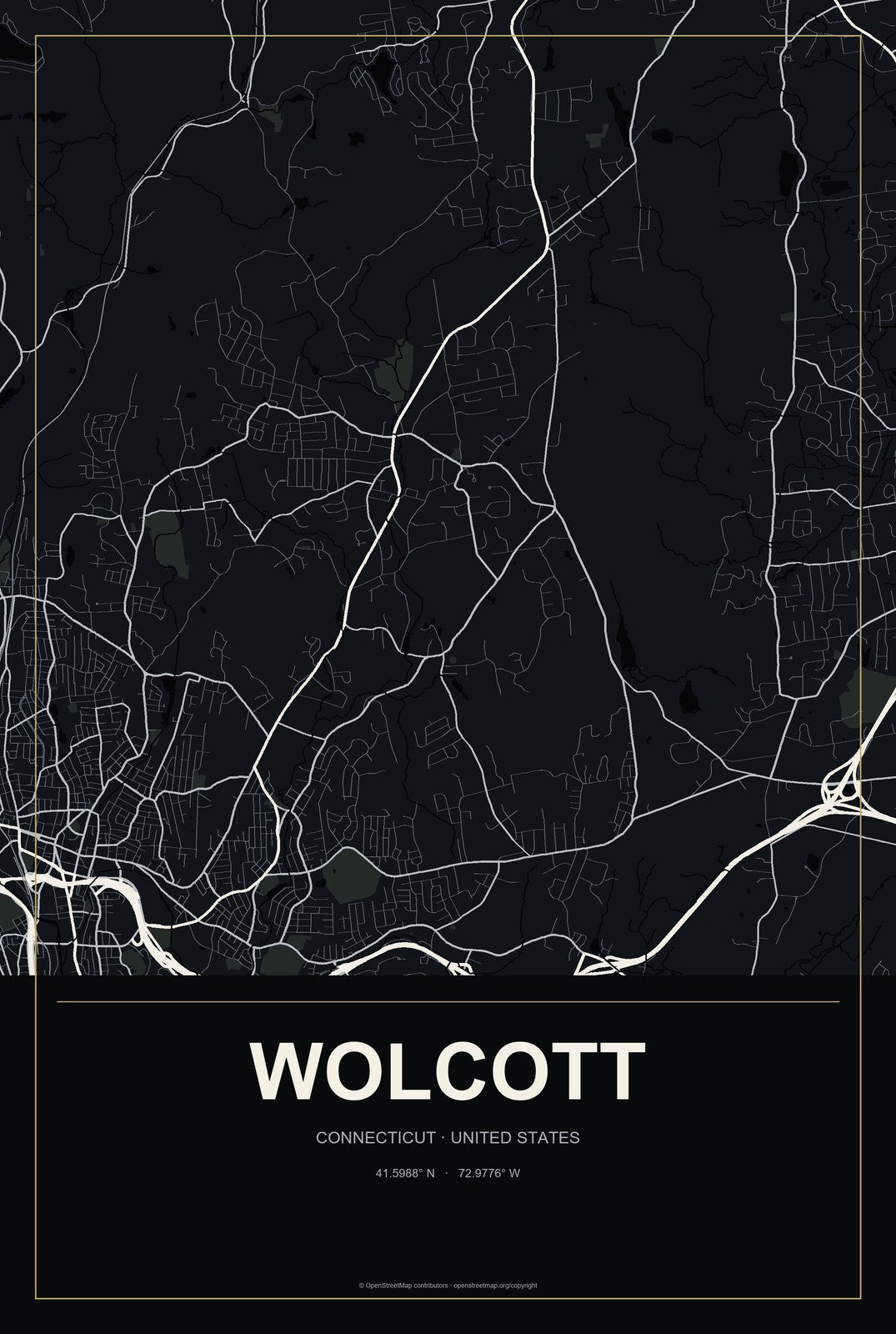Wolcott, Connecticut City Map Aluminum Sign in Metropolitan Noir style