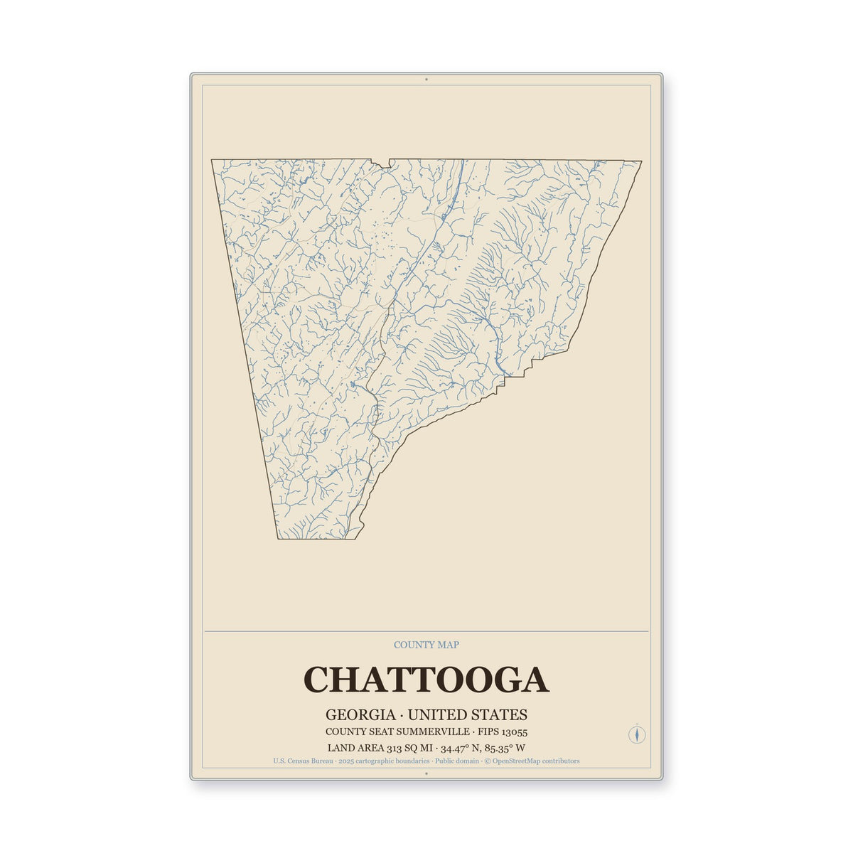 Chattooga County, Georgia Map Aluminum Sign in Heritage Nautical style