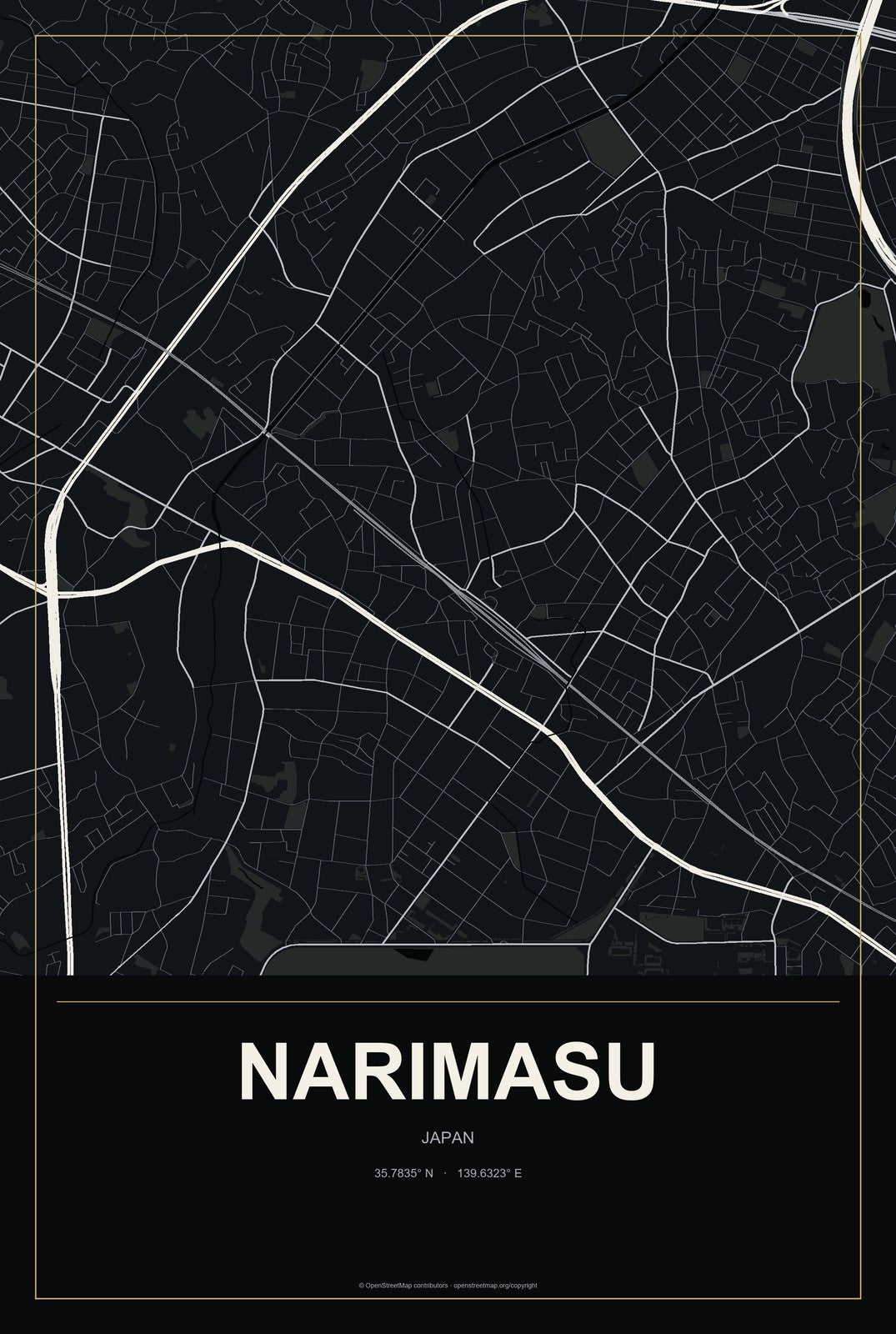 Narimasu, Japan City Map Aluminum Sign in Metropolitan Noir style