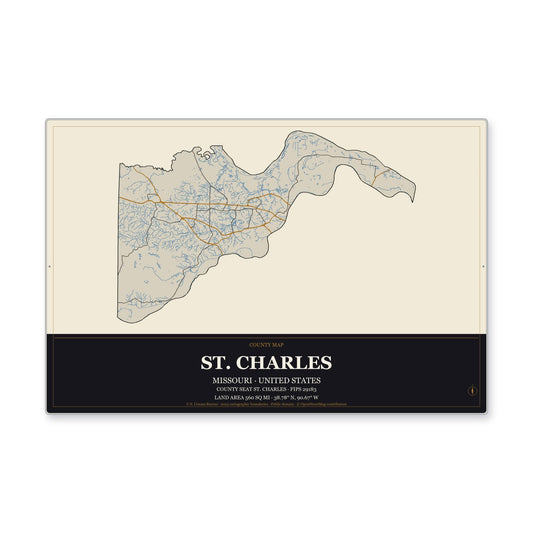 St. Charles County, Missouri Map Aluminum Sign in Museum Plaque style