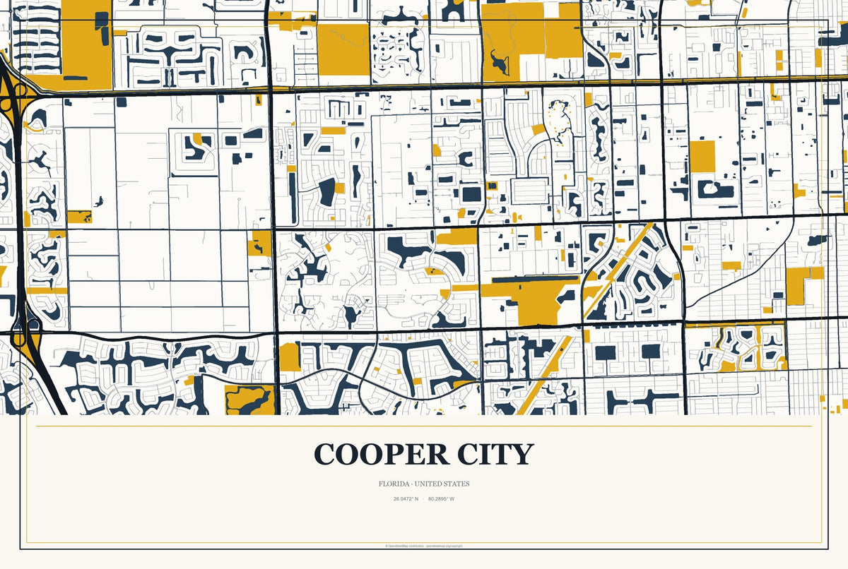 Cooper City, Florida City Map Aluminum Sign in Citrine Modern style