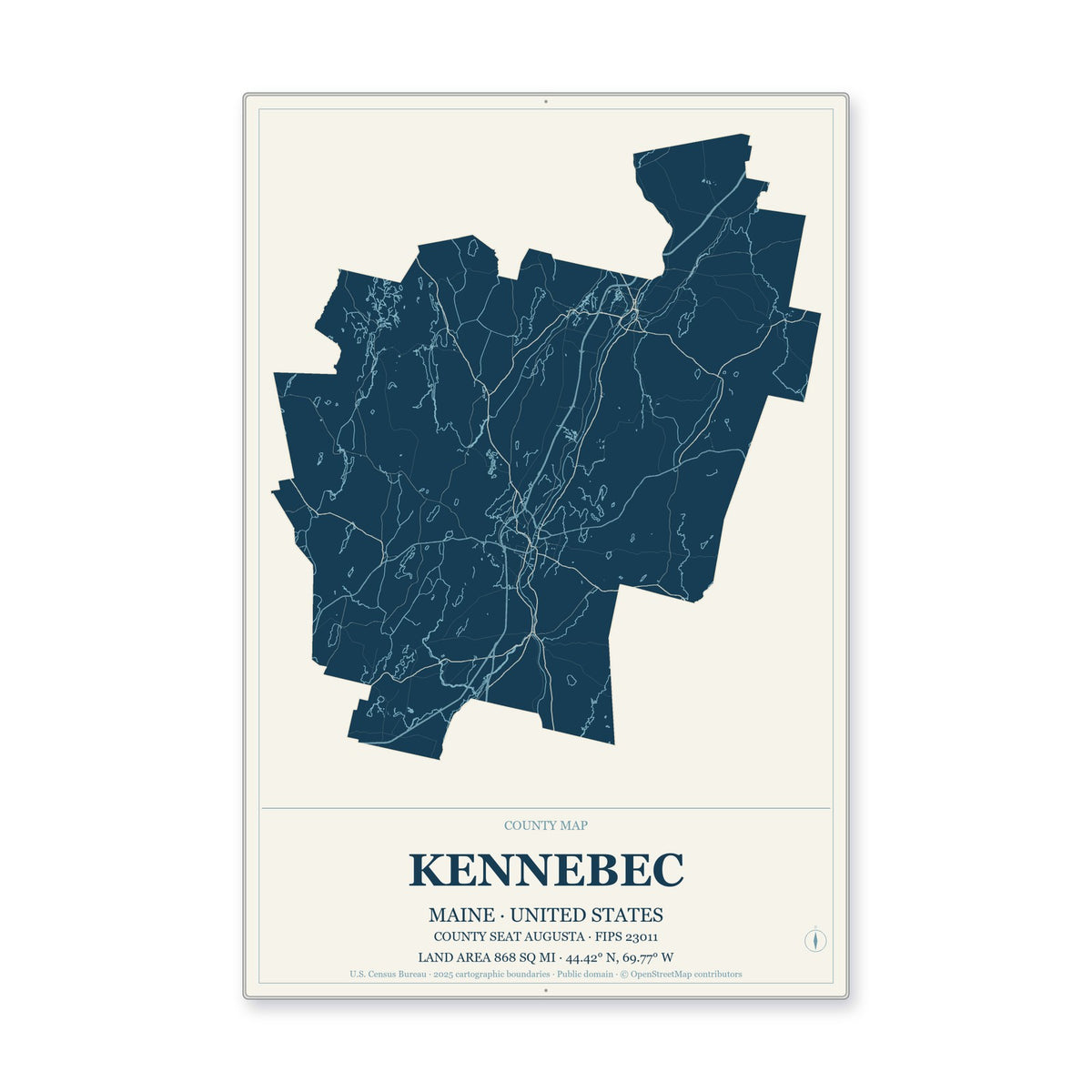 Kennebec County, Maine Map Aluminum Sign in Coastal Cutout style