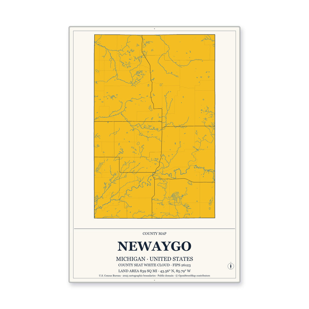 Newaygo County, Michigan Map Aluminum Sign in Citrine Modern style