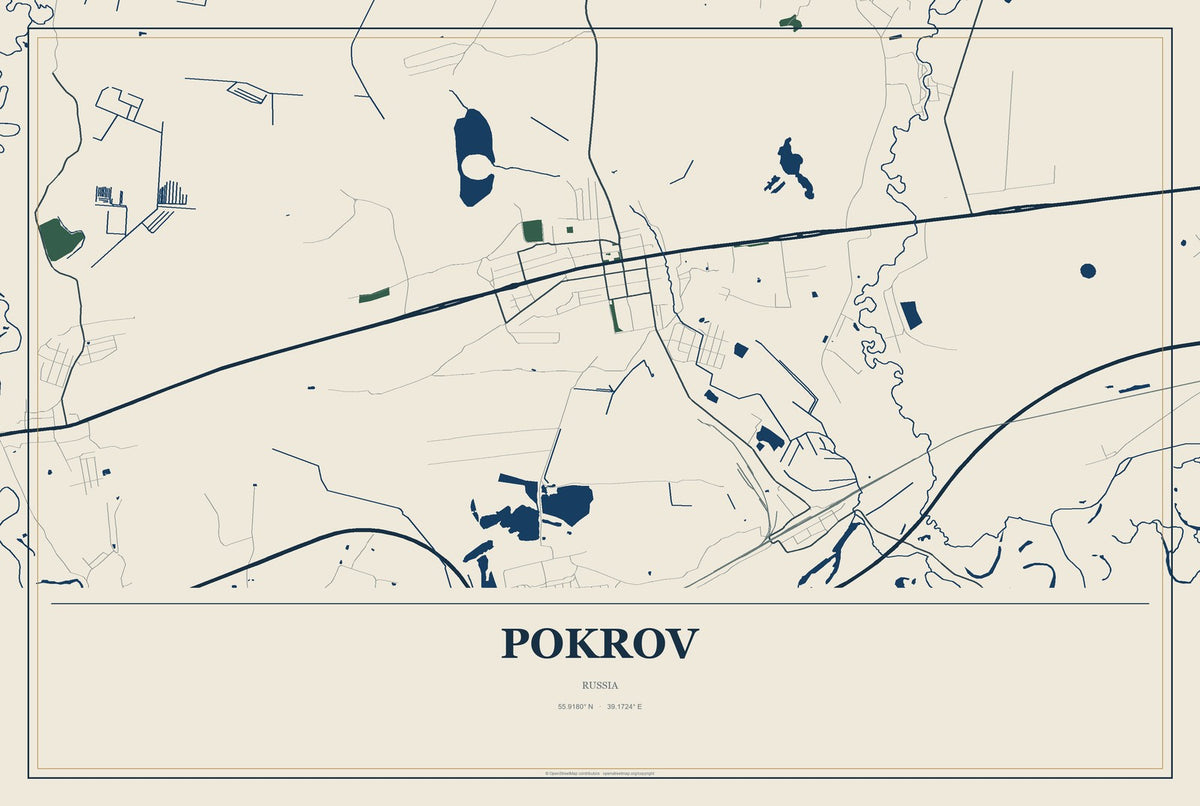Pokrov, Russia City Map Aluminum Sign in Coastal Cutout style