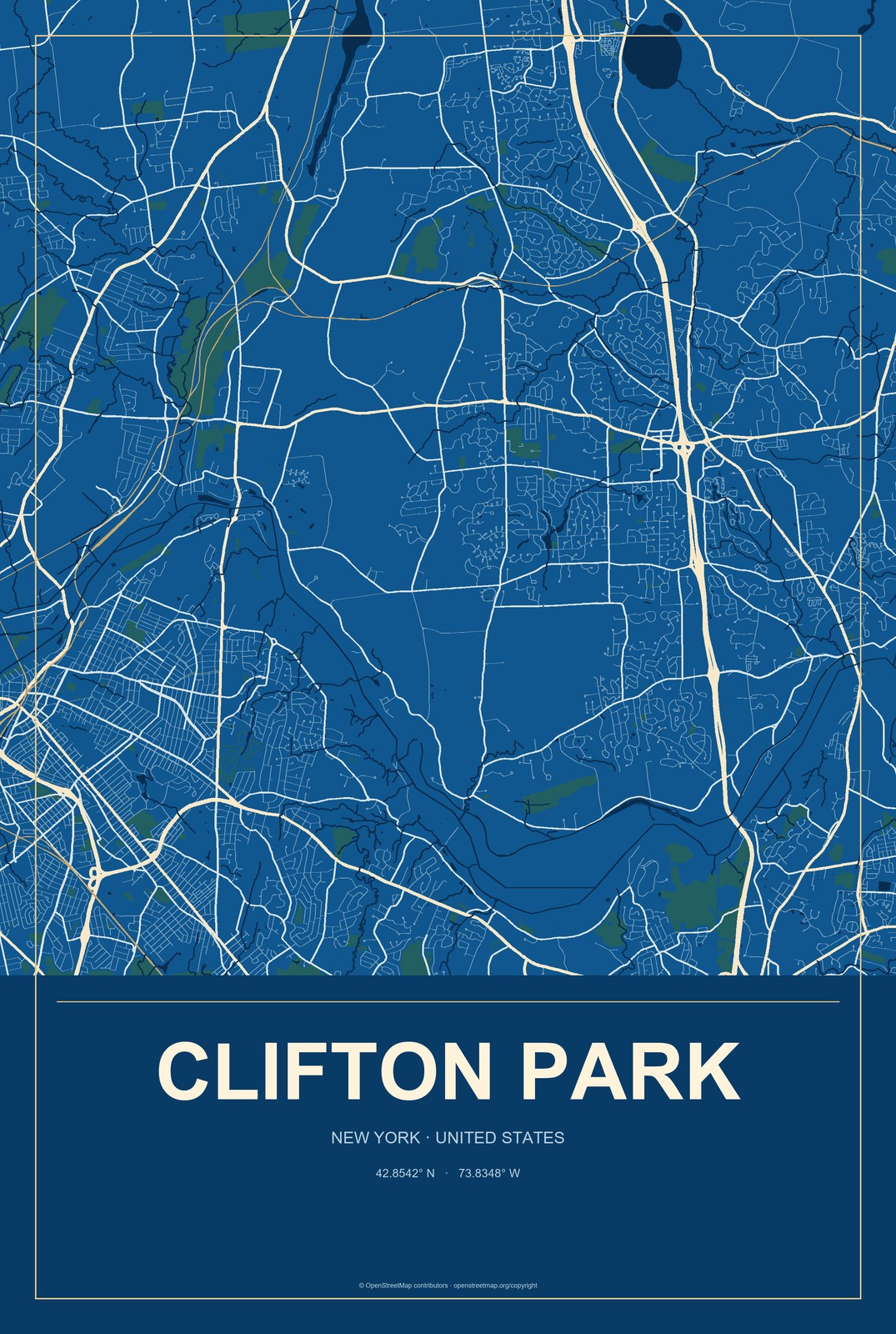 Clifton Park, New York City Map Aluminum Sign in Harbor Cobalt style