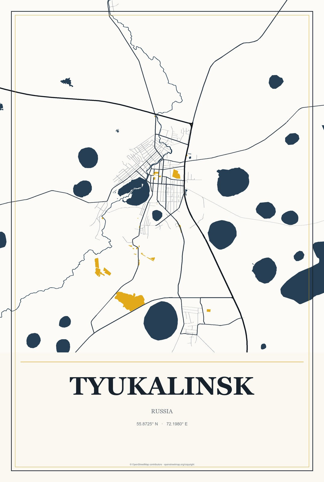Tyukalinsk, Russia City Map Aluminum Sign in Citrine Modern style