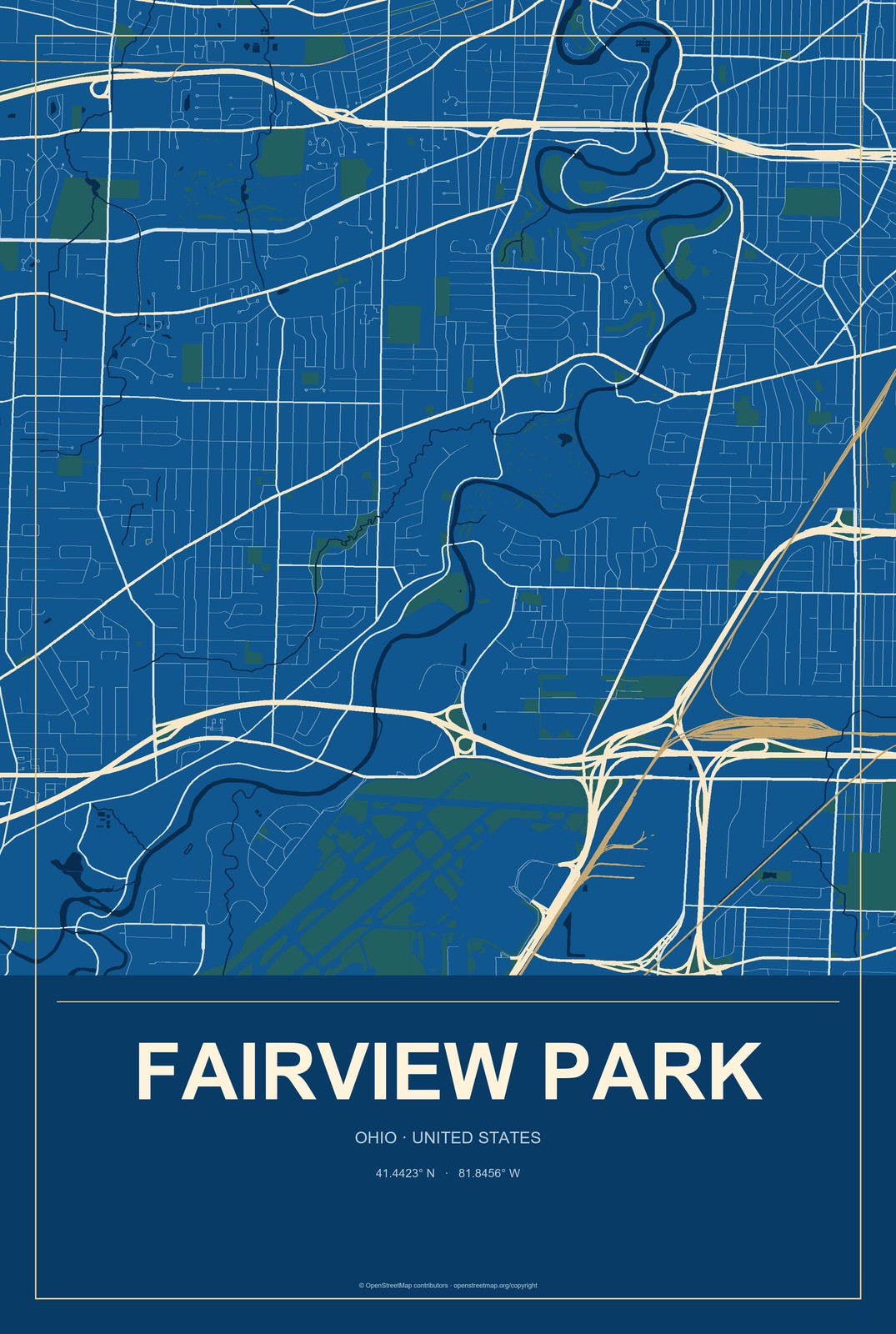 Fairview Park, Ohio City Map Aluminum Sign in Harbor Cobalt style