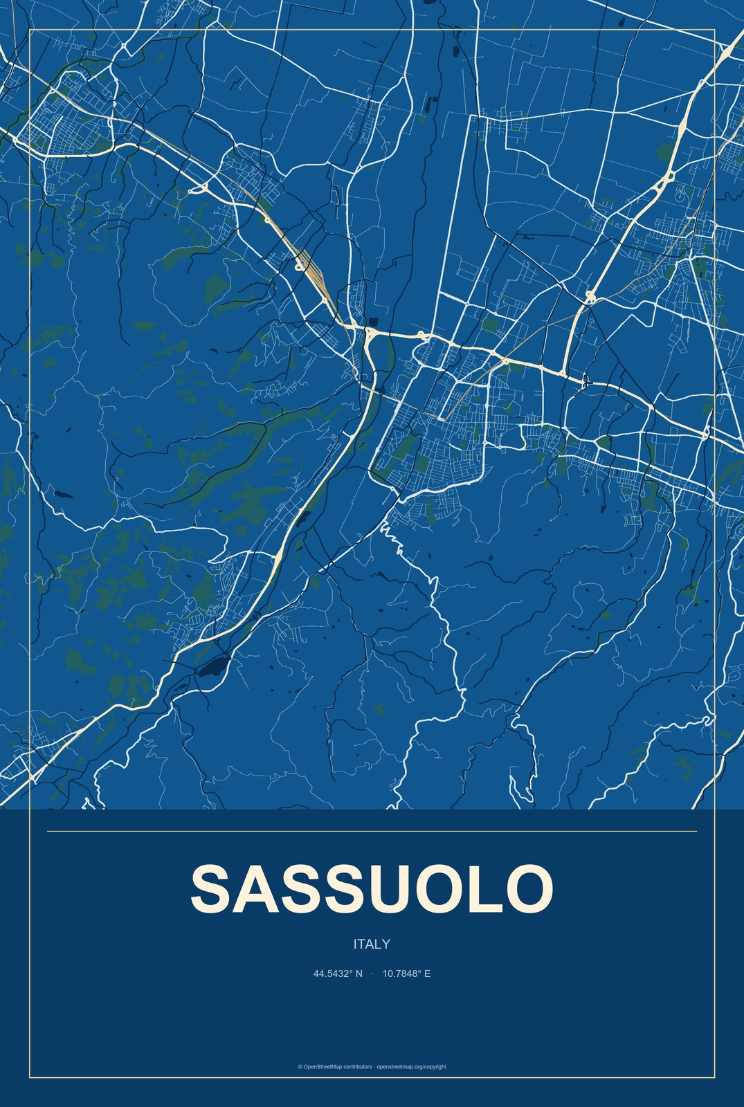 Sassuolo, Italy City Map Aluminum Sign in Harbor Cobalt style