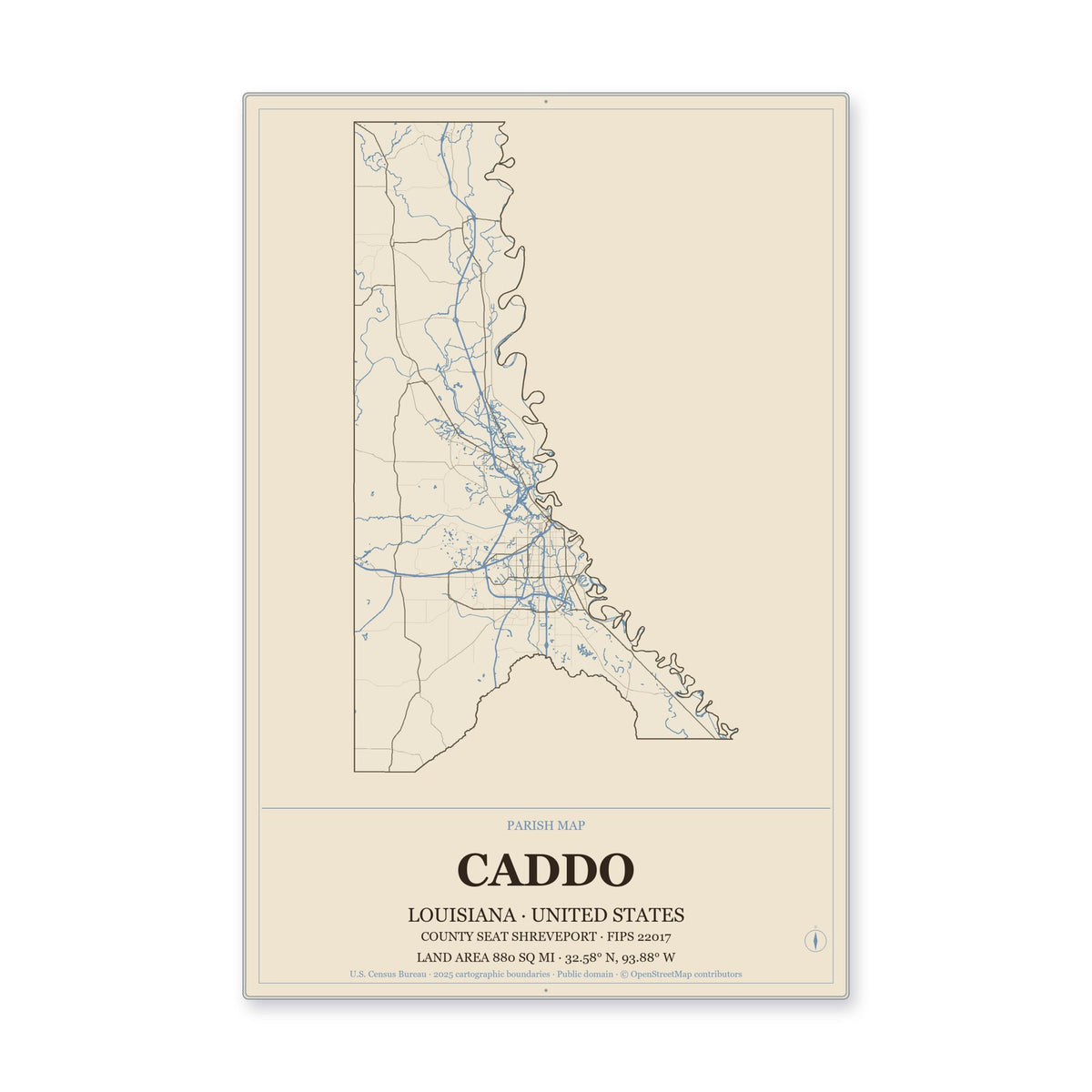 Caddo Parish, Louisiana Map Aluminum Sign in Heritage Nautical style