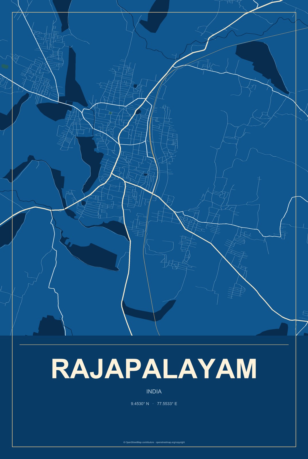 Rajapalayam, India City Map Aluminum Sign in Harbor Cobalt style