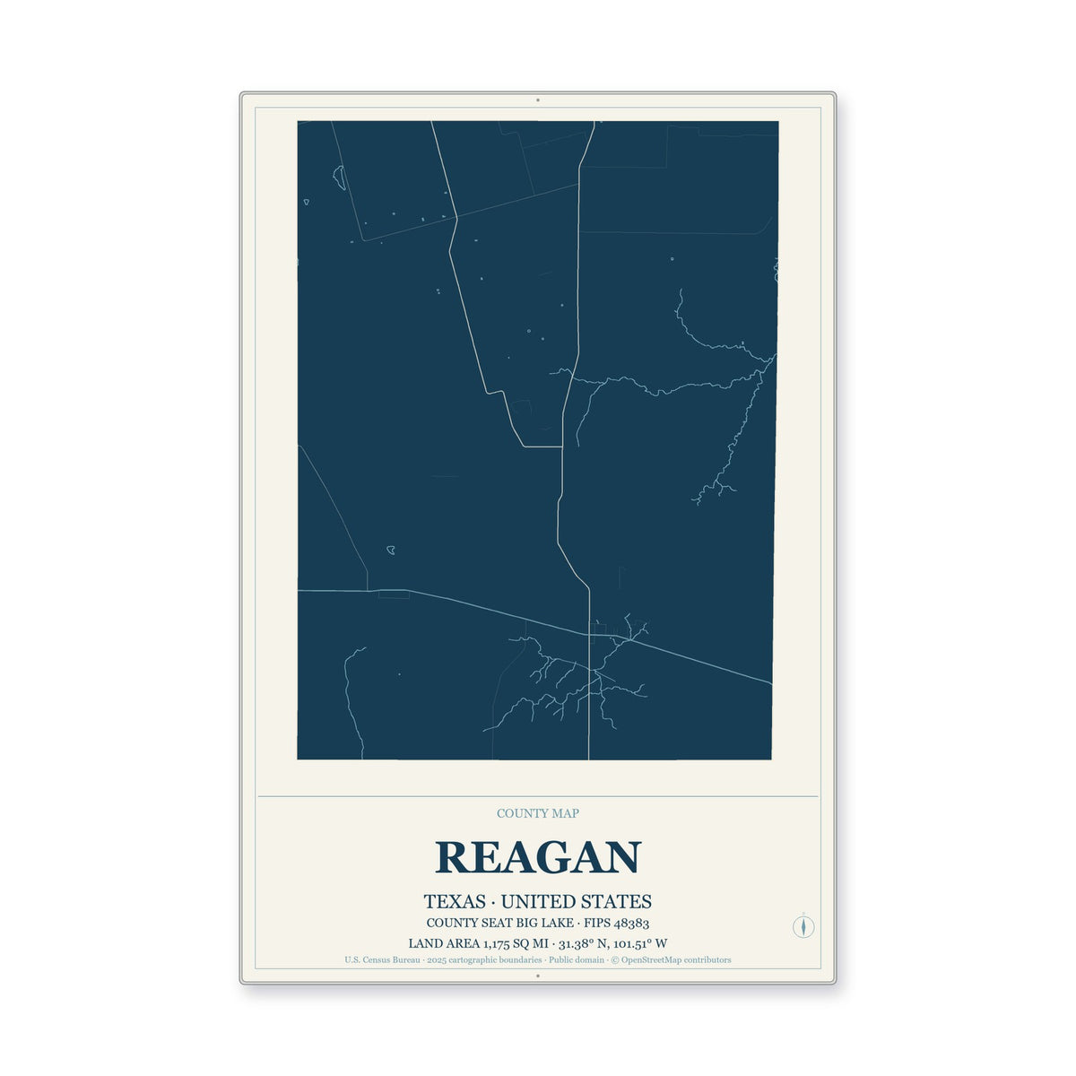Reagan County, Texas Map Aluminum Sign in Coastal Cutout style