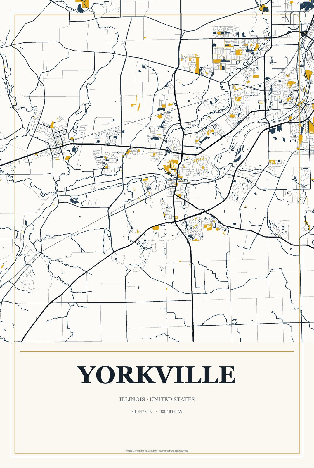 Yorkville, Illinois City Map Aluminum Sign in Citrine Modern style