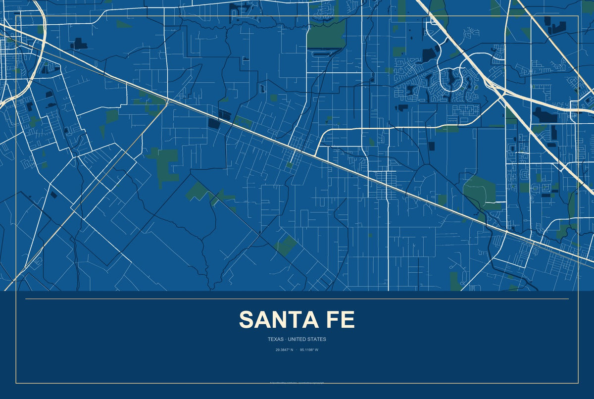 Santa Fe, Texas City Map Aluminum Sign in Harbor Cobalt style