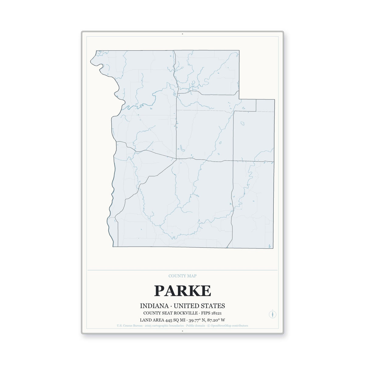 Parke County, Indiana Map Aluminum Sign in Gallery Air style
