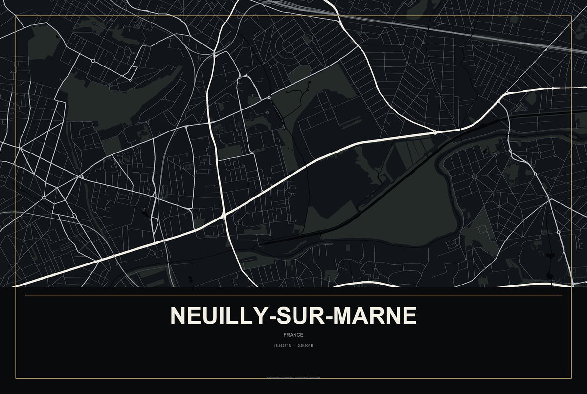 Neuilly-sur-Marne, France City Map Aluminum Sign in Metropolitan Noir style