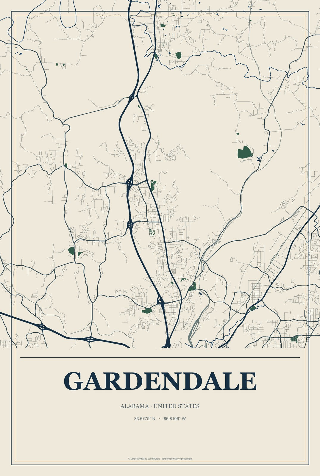 Gardendale, Alabama City Map Aluminum Sign in Coastal Cutout style