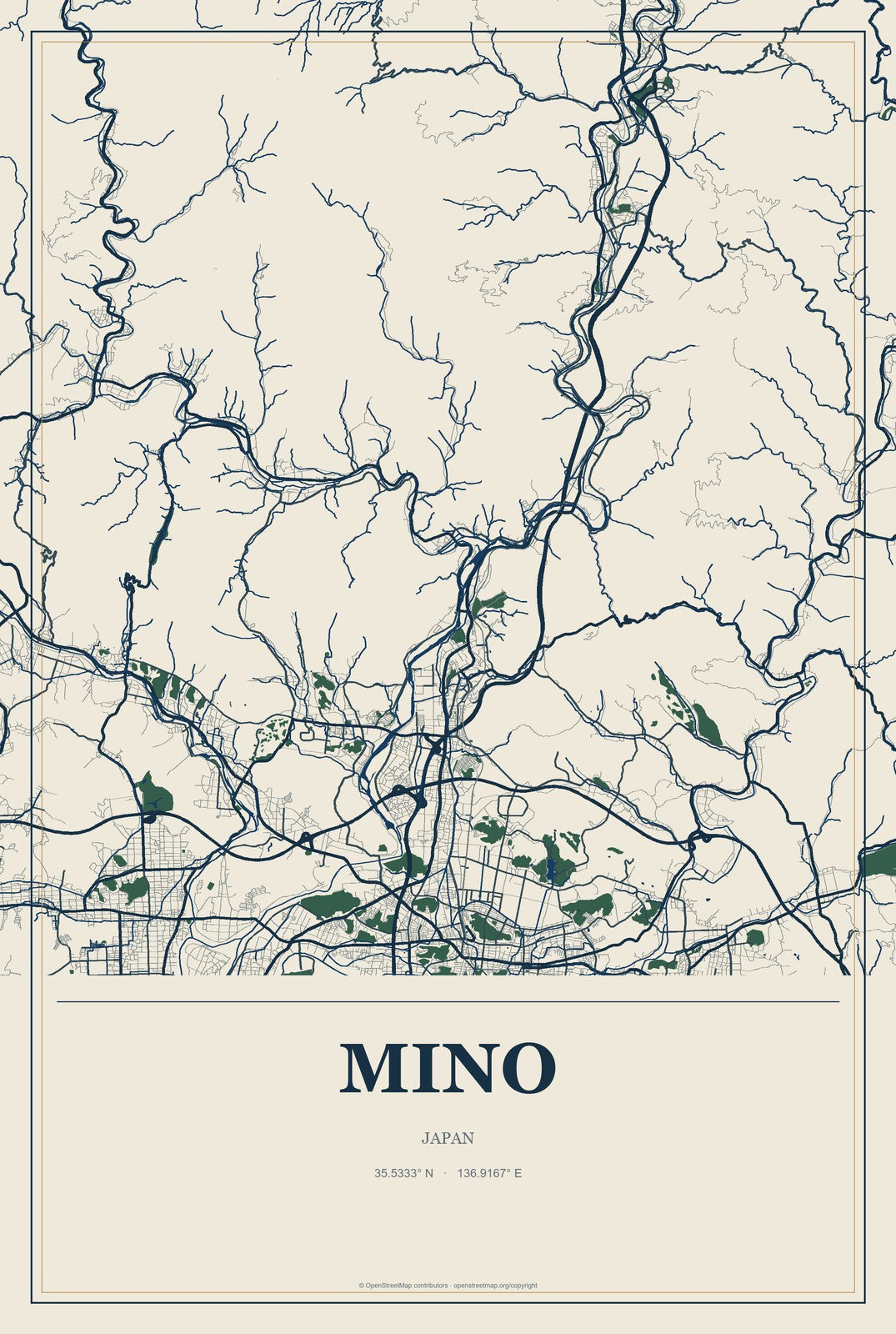 Mino, Japan City Map Aluminum Sign in Coastal Cutout style