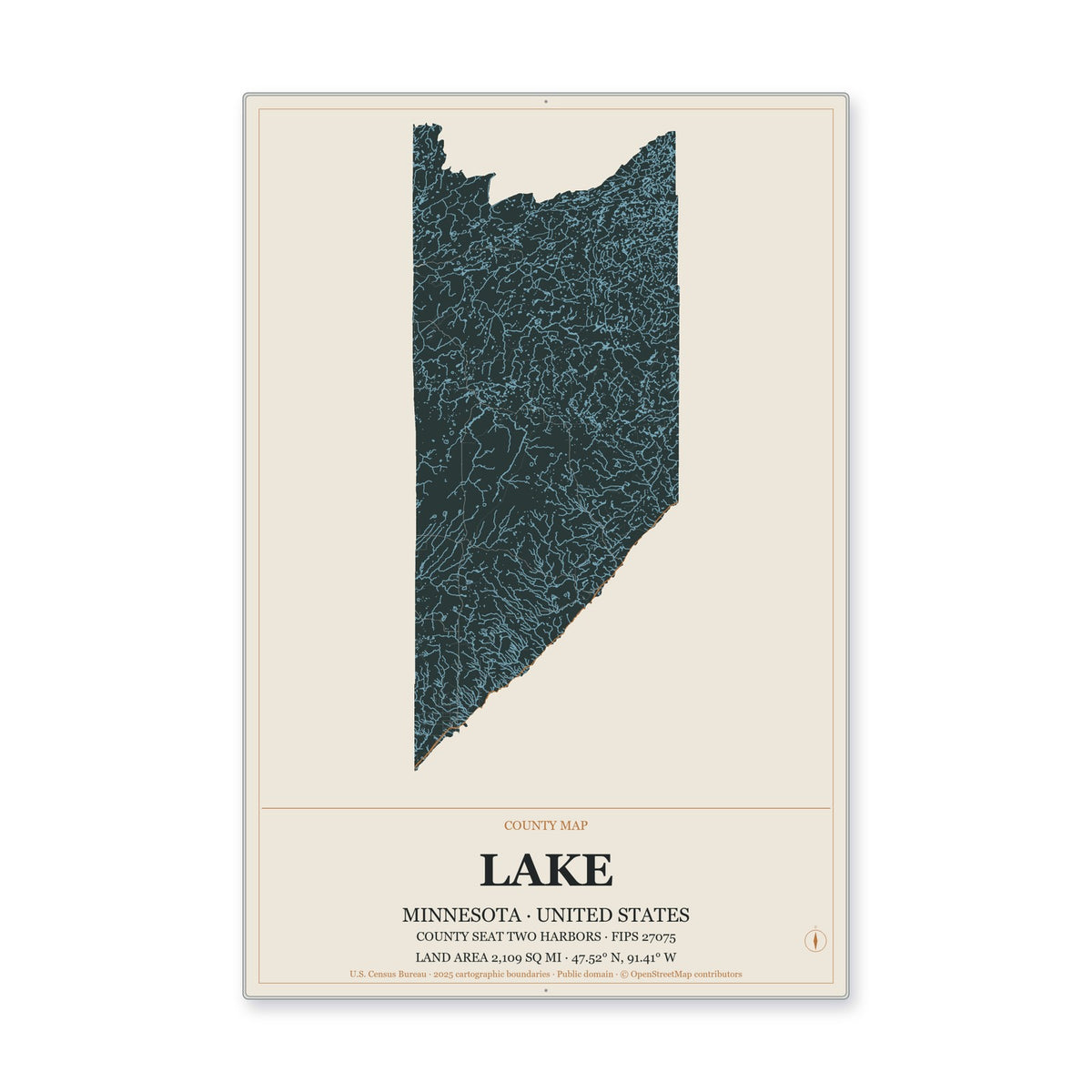 Lake County, Minnesota Map Aluminum Sign in Headline Atlas style