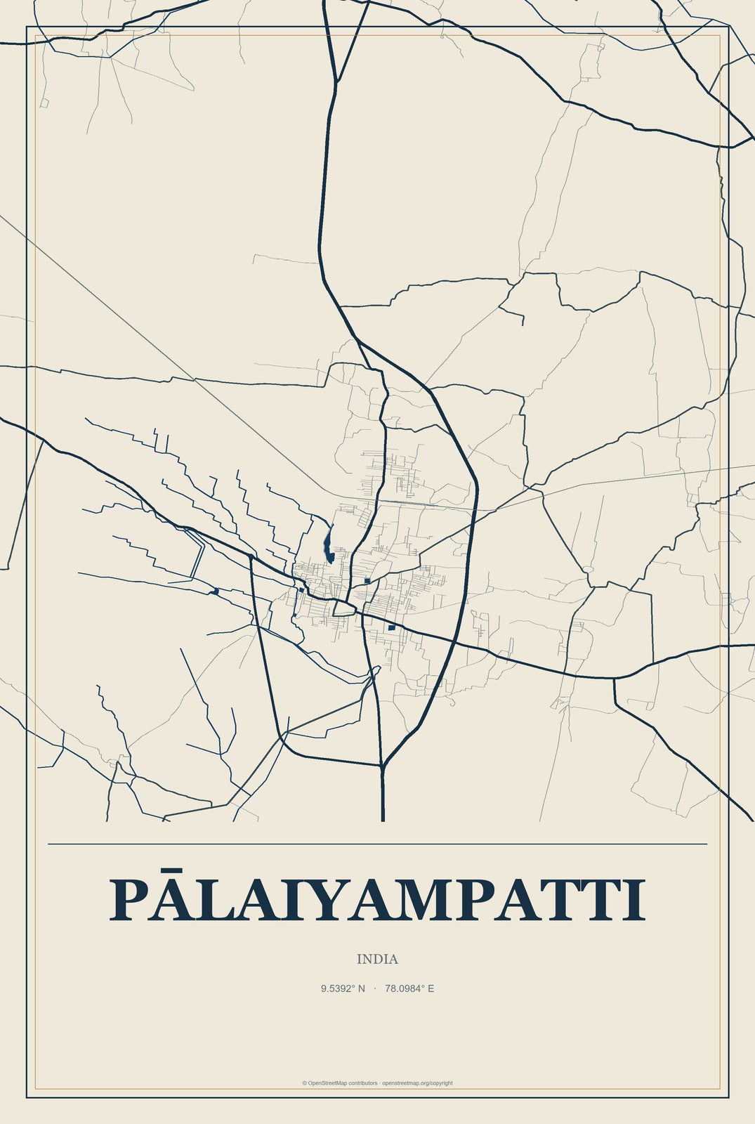 Pālaiyampatti, India City Map Aluminum Sign in Coastal Cutout style