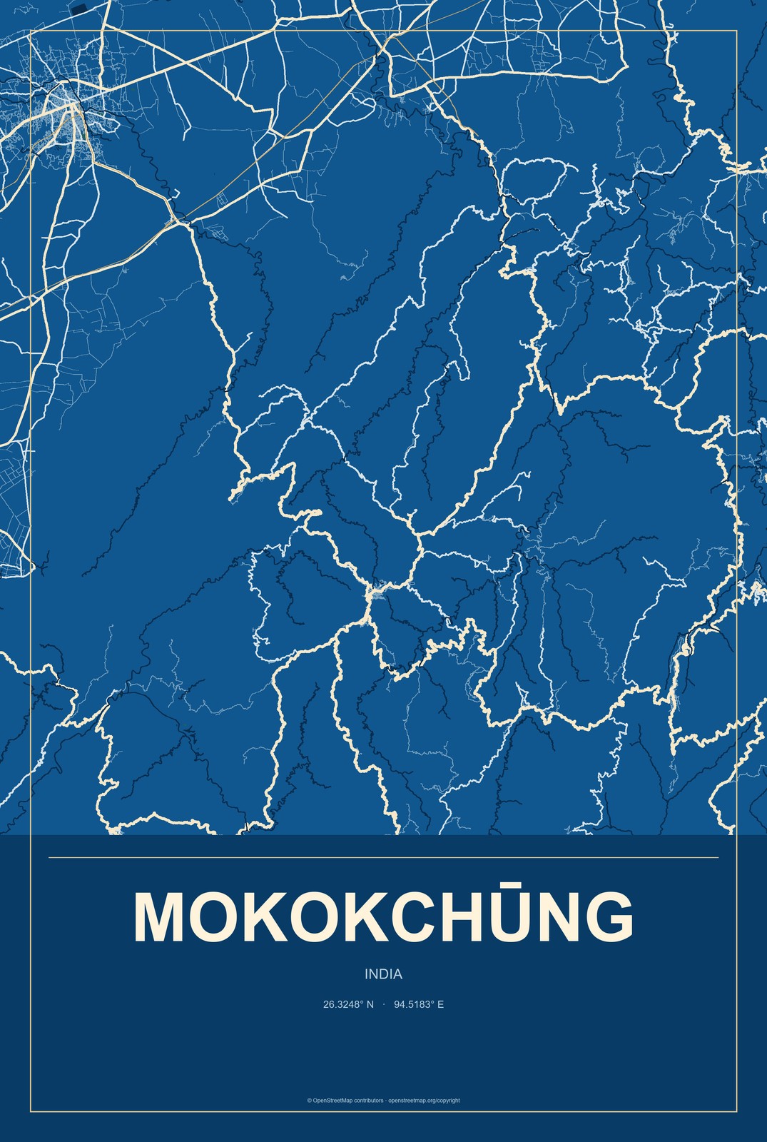 Mokokchūng, India City Map Aluminum Sign in Harbor Cobalt style