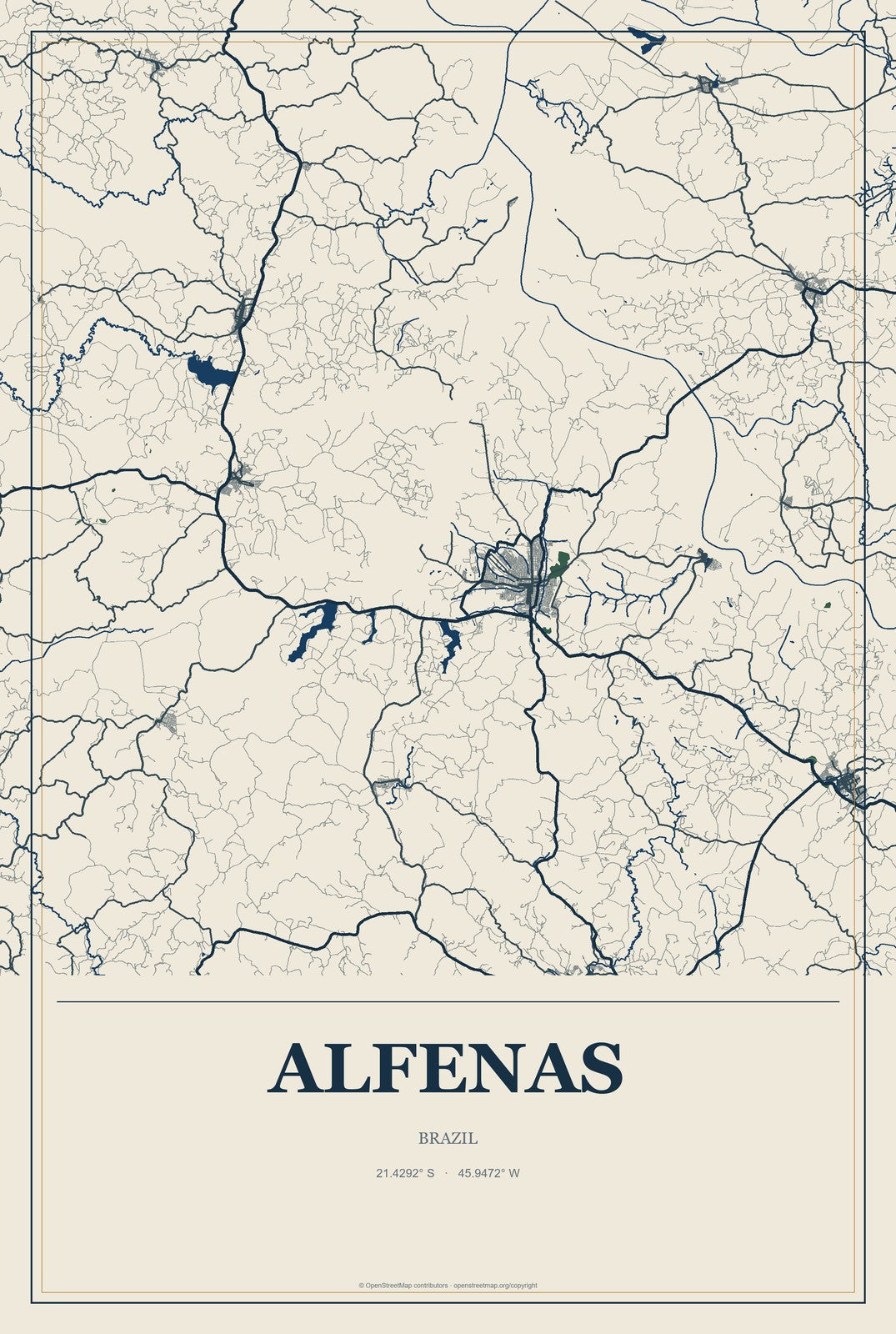 Alfenas, Brazil City Map Aluminum Sign in Coastal Cutout style