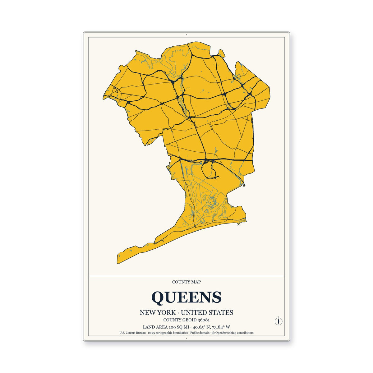 Queens County, New York Map Aluminum Sign in Citrine Modern style
