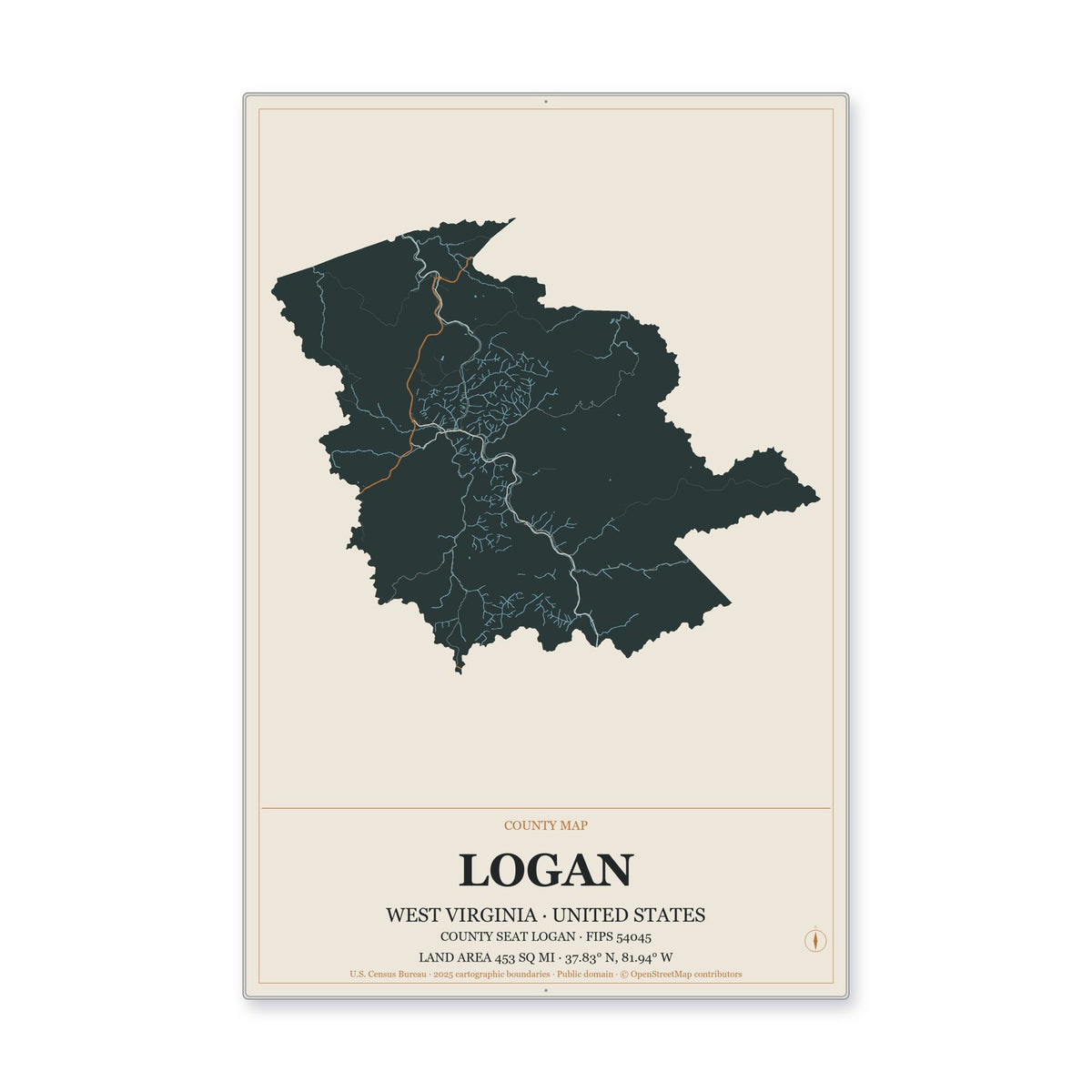 Logan County, West Virginia Map Aluminum Sign in Headline Atlas style