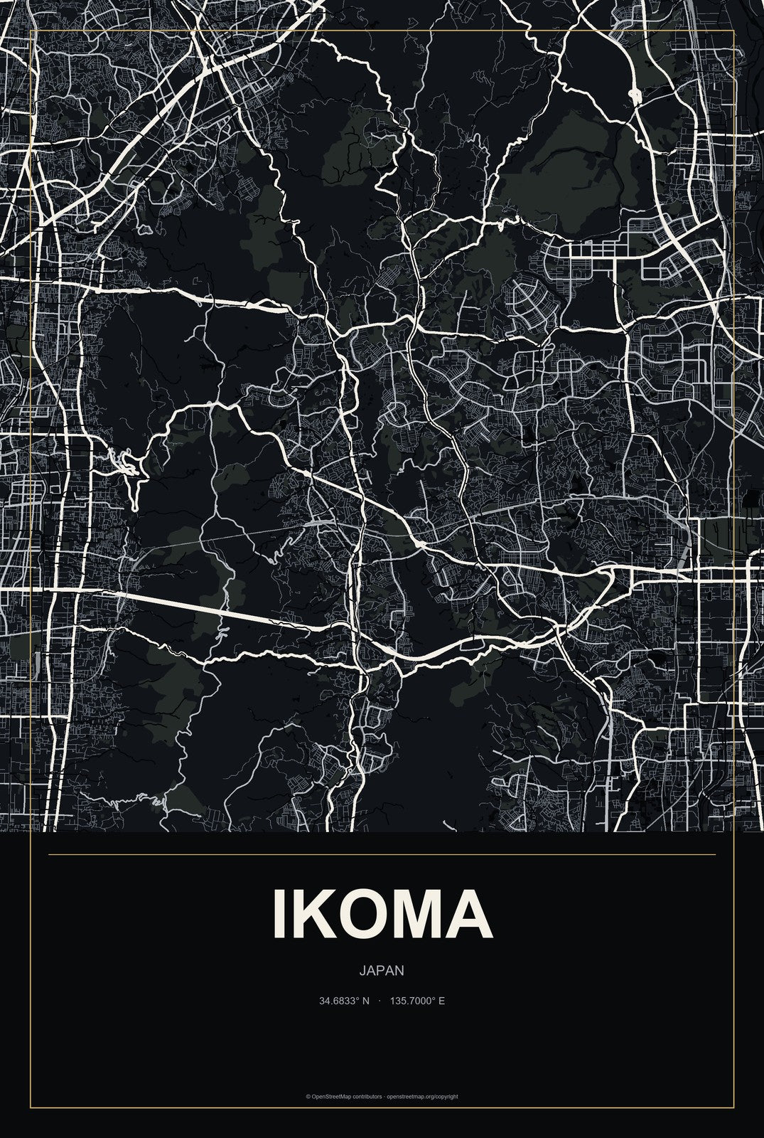 Ikoma, Japan City Map Aluminum Sign in Metropolitan Noir style
