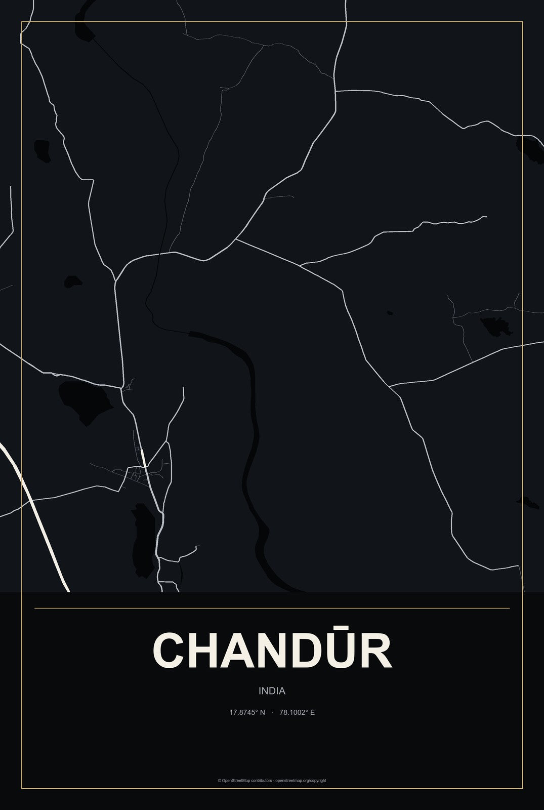 Chandūr, India City Map Aluminum Sign in Metropolitan Noir style
