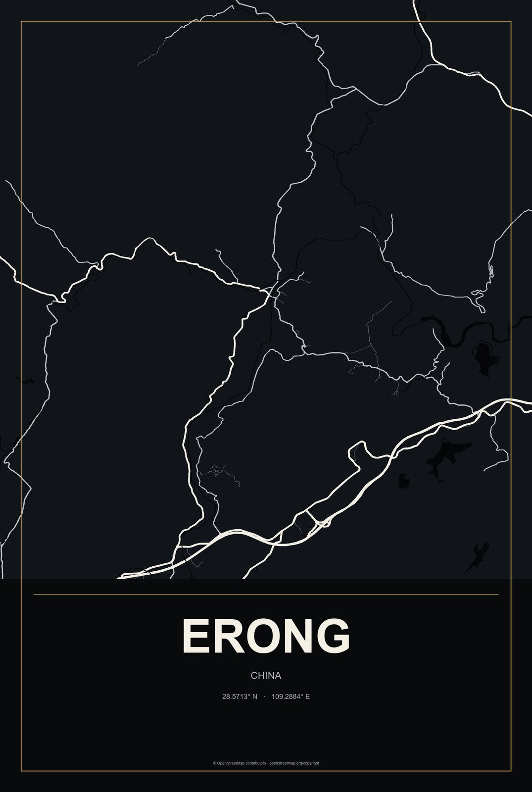 Erong, China City Map Aluminum Sign in Metropolitan Noir style