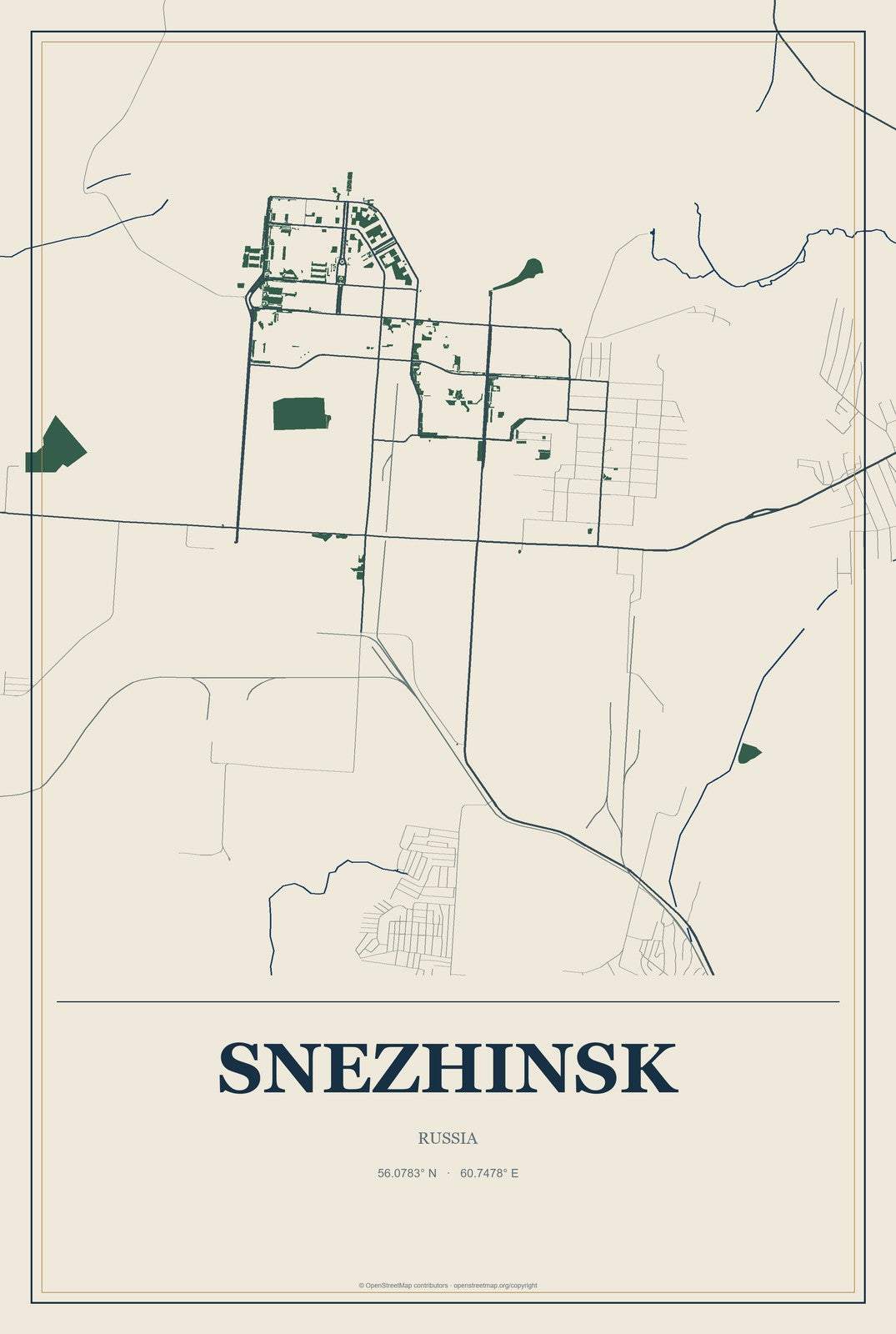 Snezhinsk, Russia City Map Aluminum Sign in Coastal Cutout style